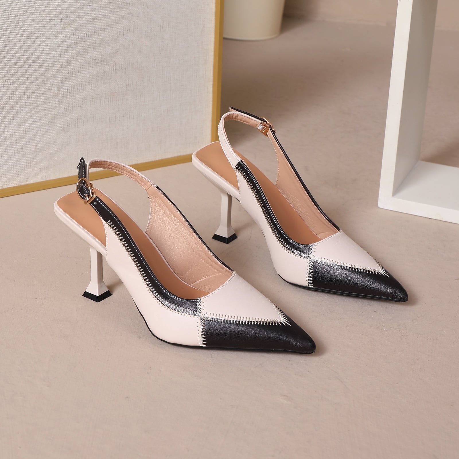 Women's Denim Slingback Heels - Pointed Toe Kitten Heels With Buckle Straps