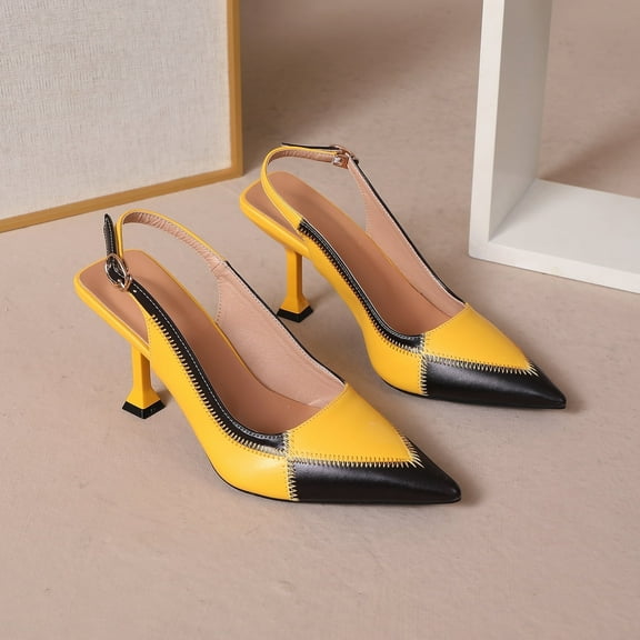 Women's Kitten Heels Slingback Closed Pointed Toe Low Pumps Shoes Women Party Wedding Sexy Casual Dress Shoes Yellow 7.5 Size