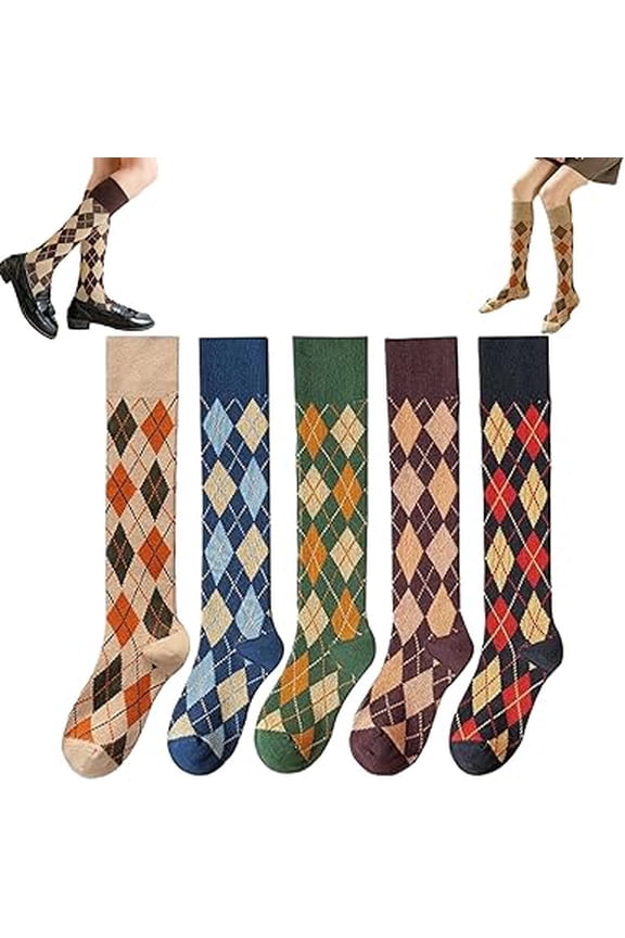 Womens Knee High Argyle Socks, Cotton Blend Vintage Preppy Socks for Teen Girls, Soft Stretchy Crew Socks US 5-9,5/10 Pairs