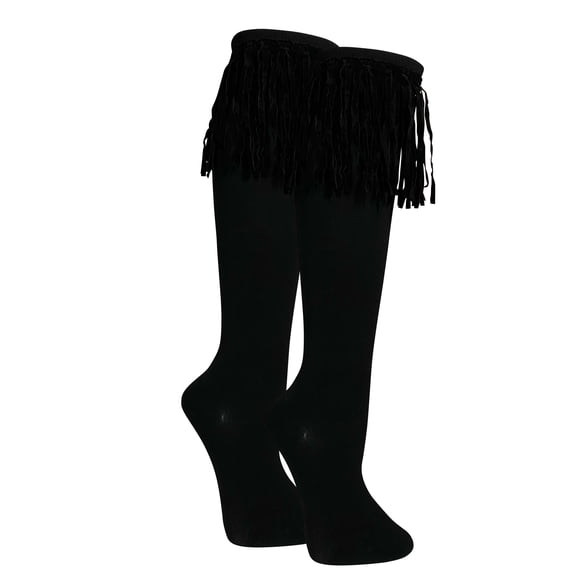 Women's Knee High Boot Socks, Fringe Cuff-Black, One Size, 1 Pair