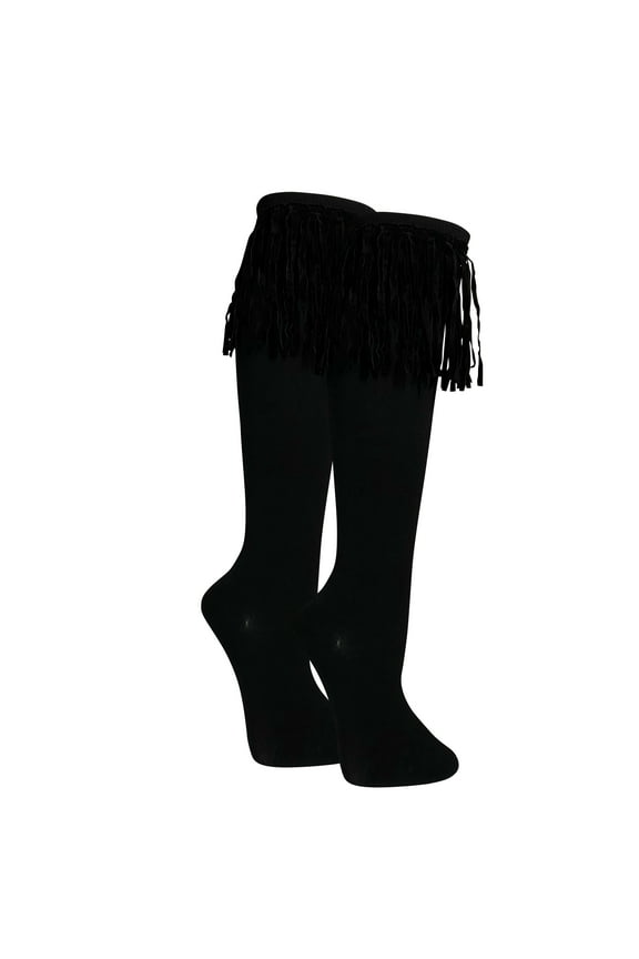 Women's Knee High Boot Socks, Fringe Cuff-Black, One Size, 1 Pair