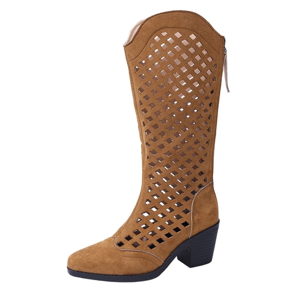 Women's Knee High Boots Back Zipper Cut-Out Chunky Heel Fall Fashion Tall Boots
