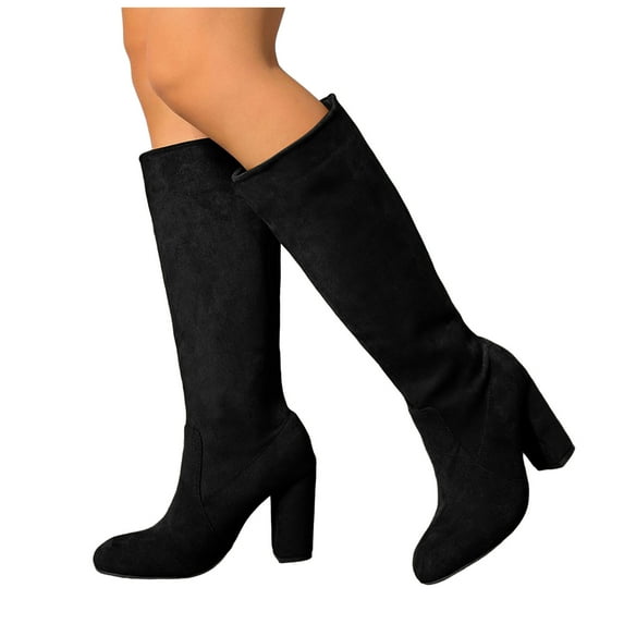 Women's Knee-High Boots Chunky Block Heel Pointed Toe Pull On Side Zipper Suede Slouch Riding Boots