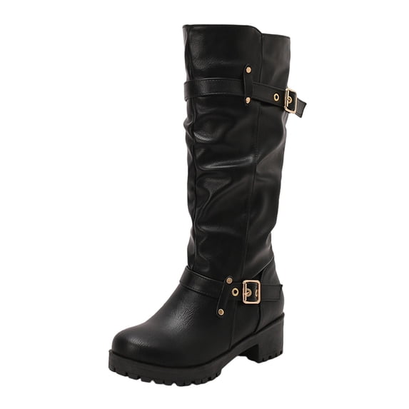 Women's Knee High Boots Chunky Heel Belt Buckle PU Leather Fall Winter Fashion Tall Boots