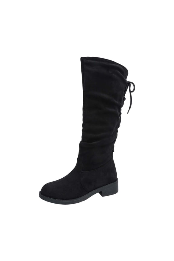 Women's Knee-High Boots Comfortable Flat Low Heel Round Toe Stretchy Suede Slouch Boots with Side Zipper