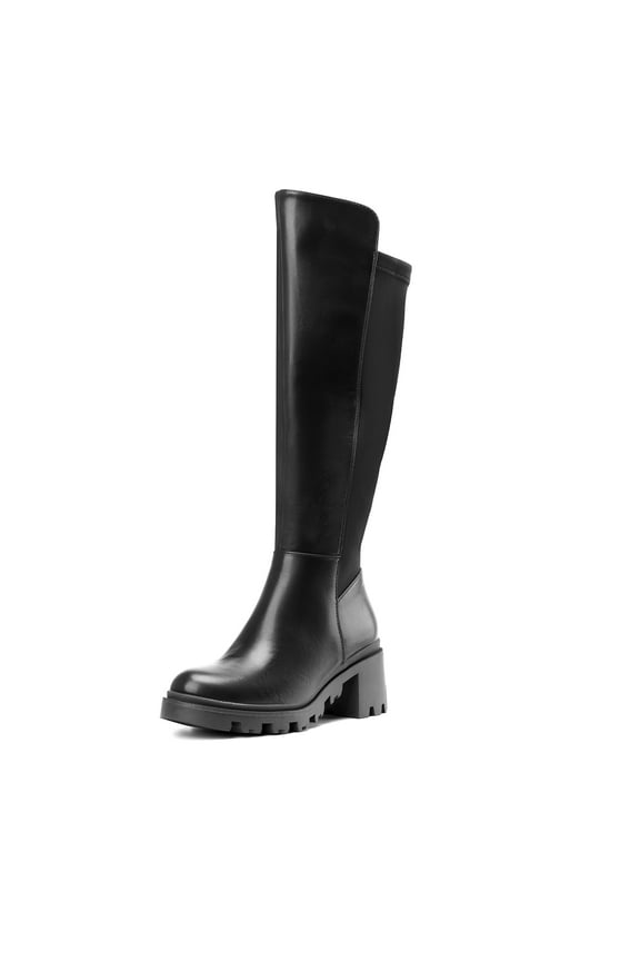 Womens knee high boots with platform sole round toe and stretch upper for a comfortable fit