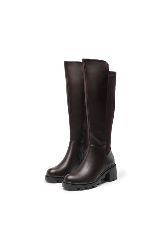 Womens knee high boots with platform sole round toe and stretch upper for a comfortable fit