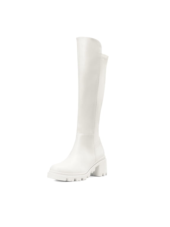 Womens knee high boots with platform sole round toe and stretch upper for a comfortable fit