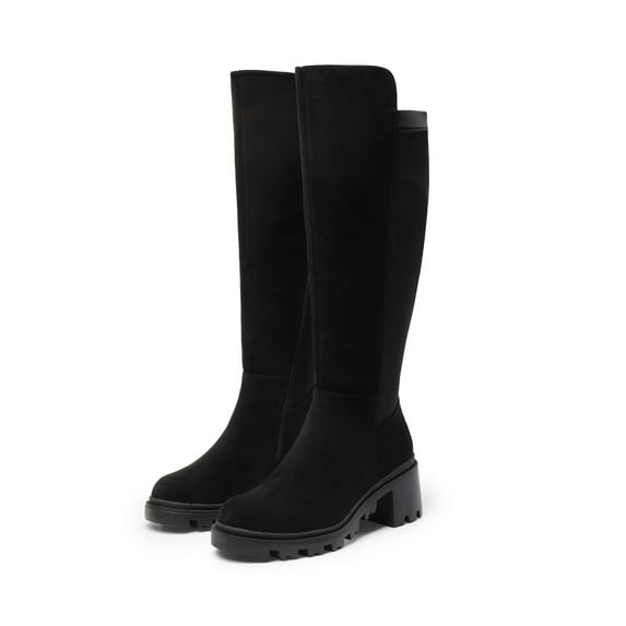 Womens knee high boots with platform sole round toe and stretch upper for a comfortable fit