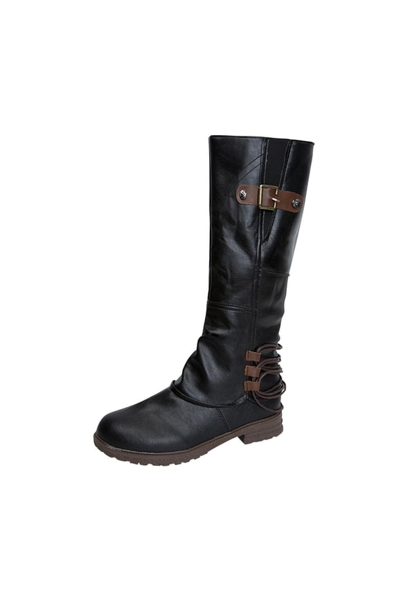 Women's Knee High Boots Fashion Buckle Zipper Boots Comfortable Faux Leather Warm Boots Winter Mid Calf Boots Black 35