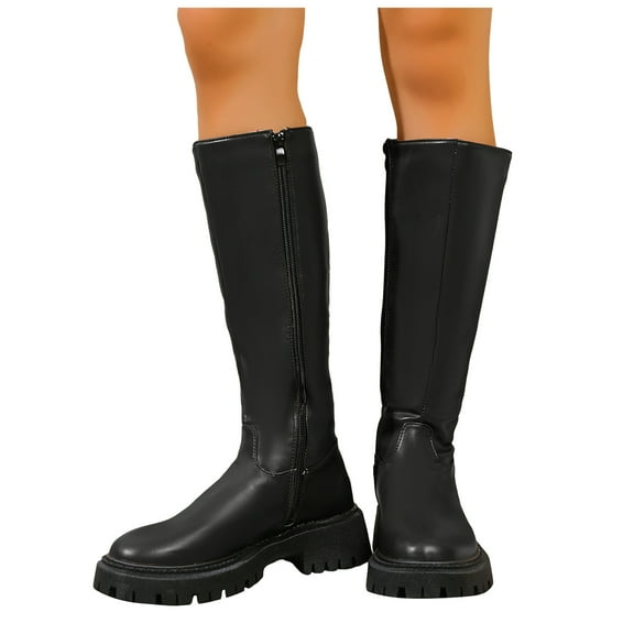 Women's Knee High Boots Fashion Lug Sole Platform Riding Boots Comfortable Stretch Wide Calf Dress Long Booties