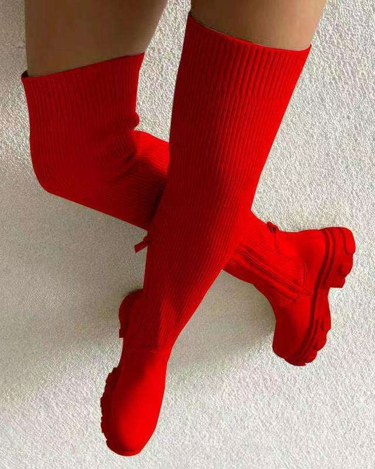 Women's Knee High Boots With Spandex - Lightweight Wide Calf Boots, Chunky Platform Heel & Side Zipper