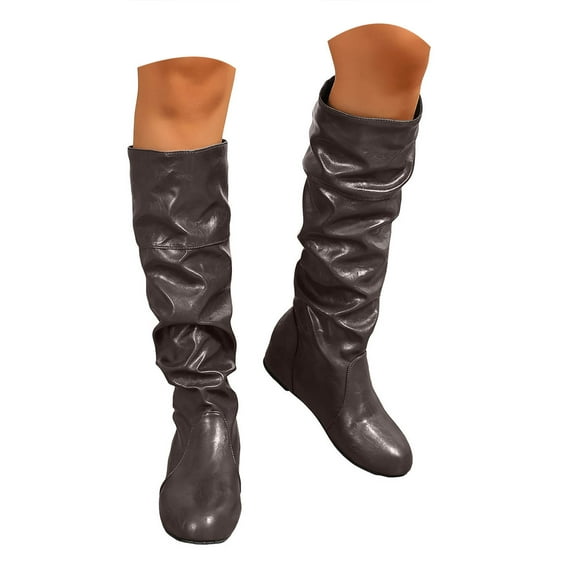 Women's Knee High Boots Flat Low Heel Wide Calf Slouch Winter Shoes Round Toe Pull on Casual Work Booties