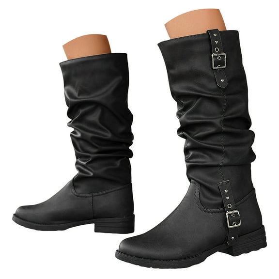 Women's Knee High Boots Flat Low Heel Wide Calf Slouch Winter Shoes Round Toe Pull on Casual Work Booties