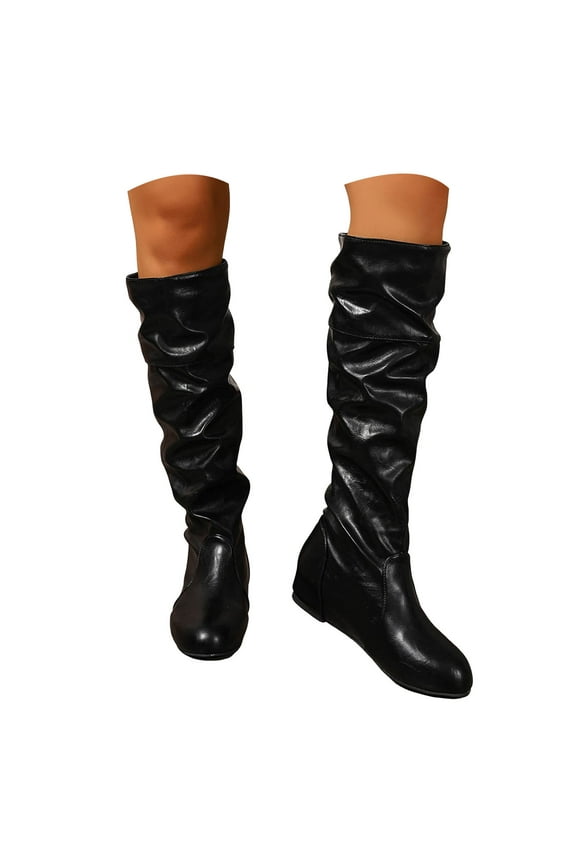 Women's Knee High Boots Flat Low Heel Wide Calf Slouch Winter Shoes Round Toe Pull on Casual Work Booties