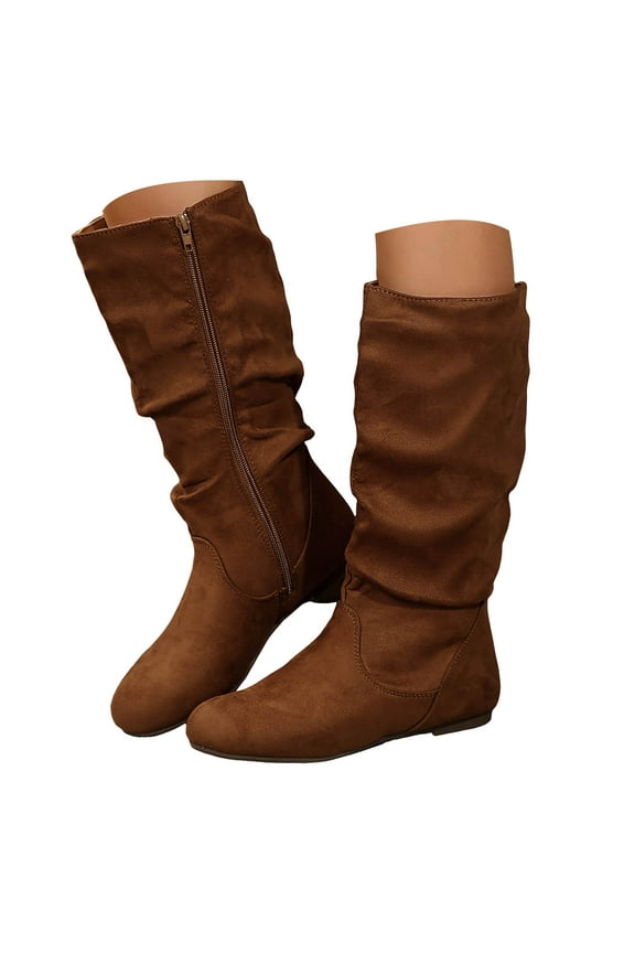 Women's Knee High Boots Flat Low Heel Wide Calf Slouch Winter Shoes Round Toe Pull on Casual Work Booties