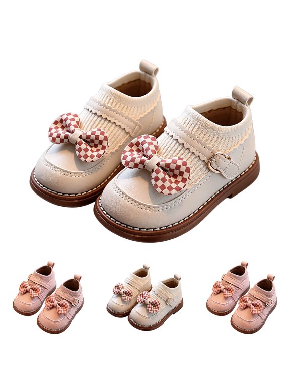 Women's Knee High Boots Heel Boots with Back Zipper, Cameland Toddler Girls Mary Shoes Checkered Bow Knit Sock Booties With Adjustable Buckle Beige