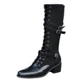 thumbnail image 1 of Women's Knee High Boots Metal Buckle Round Toe Side Zipper Chunky Heel Fashion Tall Boots for Fall, 1 of 5