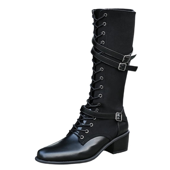 Women's Knee High Boots Metal Buckle Round Toe Side Zipper Chunky Heel Fashion Tall Boots for Fall