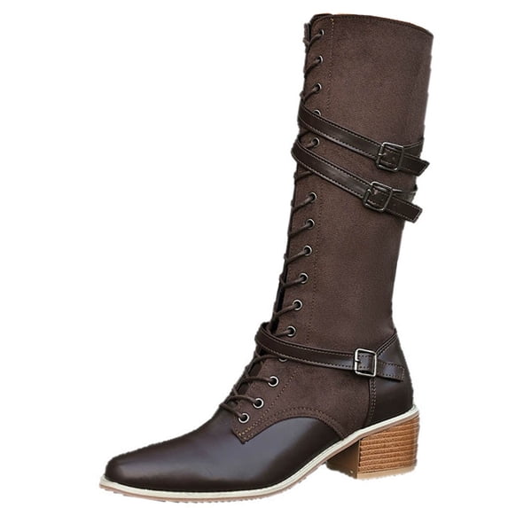 Women's Knee High Boots Metal Buckle Round Toe Side Zipper Chunky Heel Fashion Tall Boots for Fall