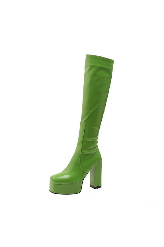 Women's Knee High Boots Chunky Heel Zipper Over The Knee Boots Patent Leather Block Heel Pointed Toe Stretch Boots Green 38