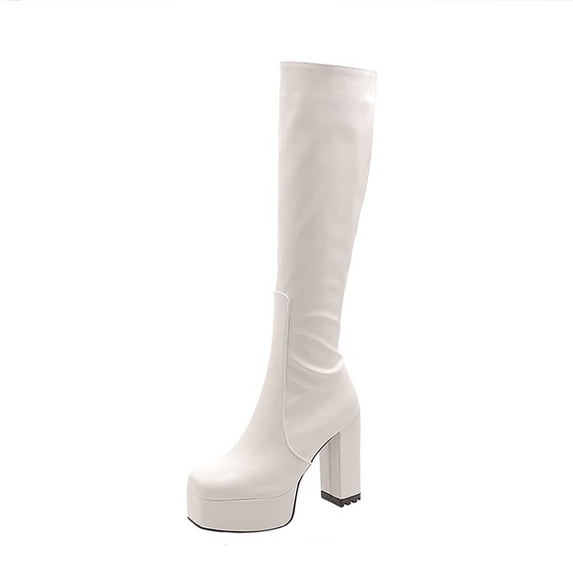 Women's Knee High Boots Chunky Heel Zipper Over The Knee Boots Patent Leather Block Heel Pointed Toe Stretch Boots White 36