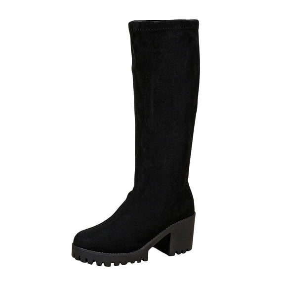 Women's Knee High Boots Pointed Toe Chunky Block Heel Tall Boots with Back Zipper Long Boot Black 6.5(38)