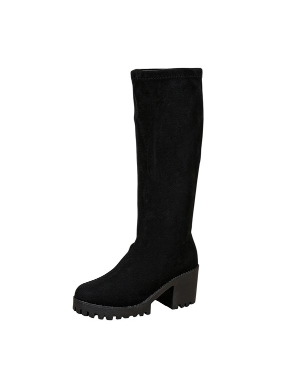Women's Knee High Boots Pointed Toe Chunky Block Heel Tall Boots with Back Zipper Long Boot Black 8.5(41)