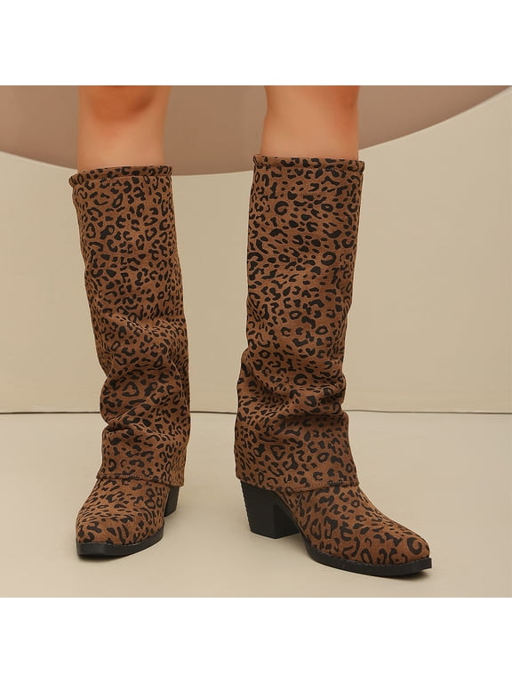 Women's Knee High Boots Pointed Toe Tall Block Heel Pleated Slouchy Tube Shaft Comfortable Non Slip Lightweight Winter Fashion Outdoor Daily Wear Girls,Leopard Print 42(US-8.5)