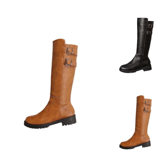 Women's Knee High Boots: Round Toe Side Zipper Motorcycle Riding Boots Low Block Heel Tall Fall Boots 2025 Style Knee High Boots With Thick Platform Heel And Belted Tall Shaft