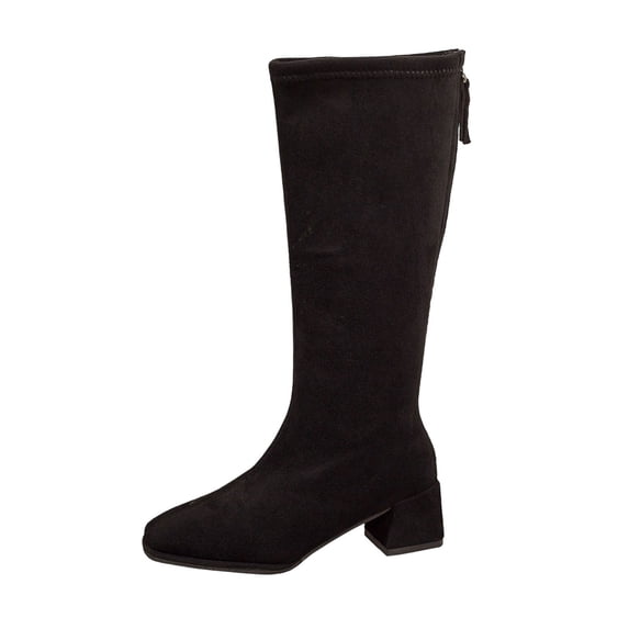 Women's Knee High Boots Square Toe Back Zipper Chunky Low Heel Suede Tall Boots