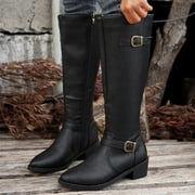 Womens Knee High Boots Stretchy Fashion Riding Boot Flat Low Chunky Heel Buckle Strap Winter Motorcycle Shoes Black,39