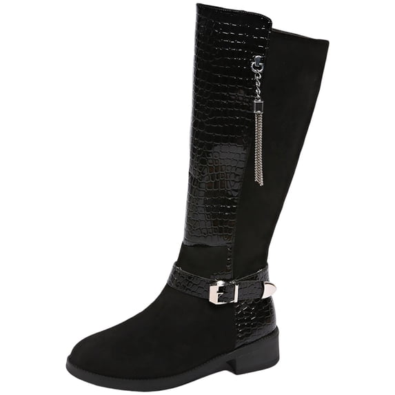 Women's Knee High Boots Suede Leather Patchwork Block Heel Booties Round Toe Side Zip Fall Winter Party Going Out Shoes Black 7