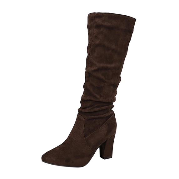 Women's Knee High Boots Suede Slouchy Round Toe Chunky High Heel Tall Boots
