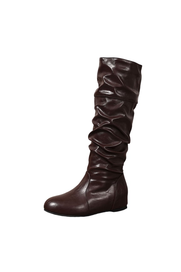 Women's Knee High Boots Tall Slouch Boots Women's Slouchy Comfortable Pull On Flat Boots Fall Winter Solid Color Pleated Boots
