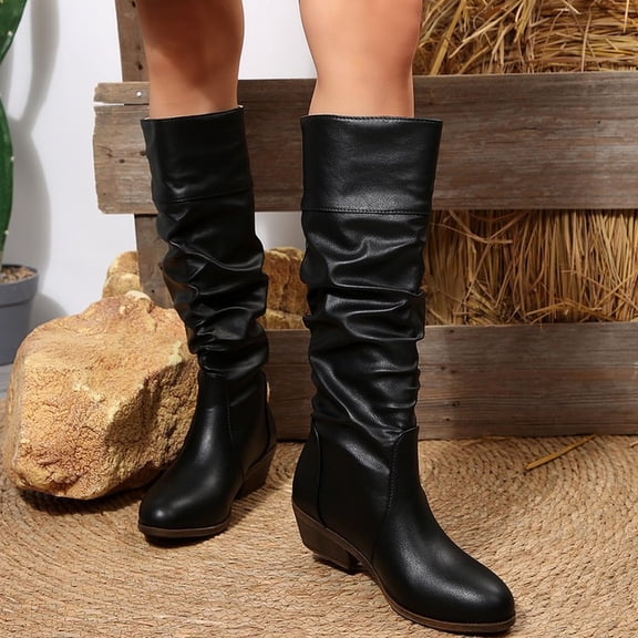 Women's Knee High Boots Tall Slouch Boots with Inside Zipper Black