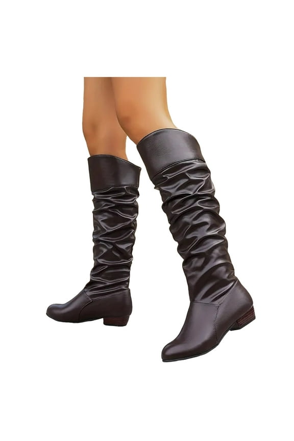 Women's Knee High Boots Wide Calf Leather Slouchy Boots Low Heel Pull On Round Toe Winter Work Boot