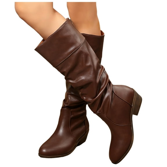 Women's Knee High Boots Wide Calf Leather Slouchy Boots Low Heel Pull On Round Toe Winter Work Boot