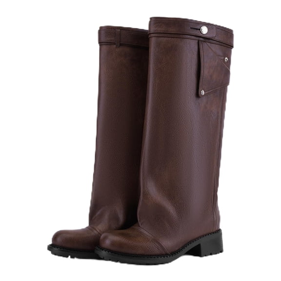Women's Knee High Boots – Wide Calf Riding Boots with Side Pocket & Buckle Strap, Low Heel Pull On Tall Boots, Comfortable Lug Sole Fall Winter Casual Shoes