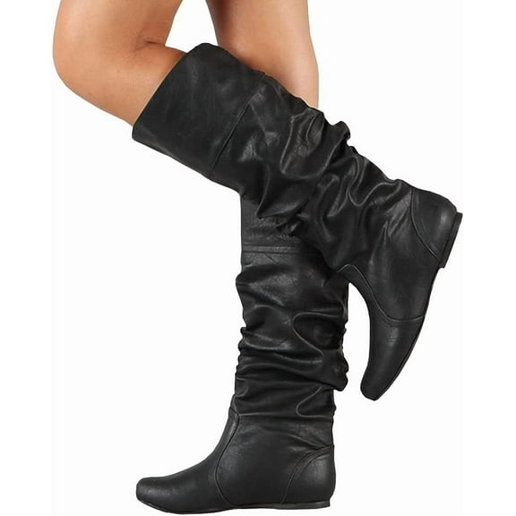 Women's Knee High Boots Winter Comfy Slip On Riding Boots Ladies Thigh High Flat Wide Mid Calf Boots