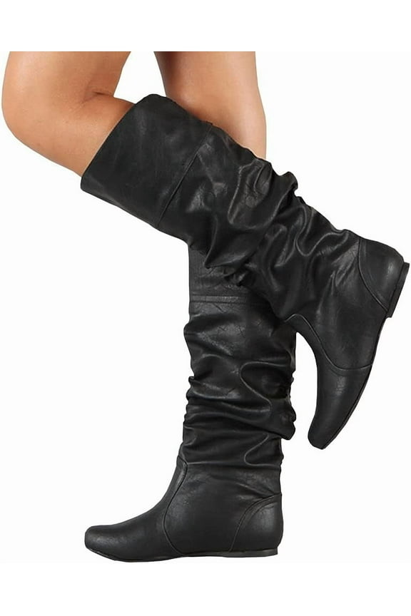 Women's Knee High Boots Winter Comfy Slip On Riding Boots Ladies Thigh High Flat Wide Mid Calf Boots