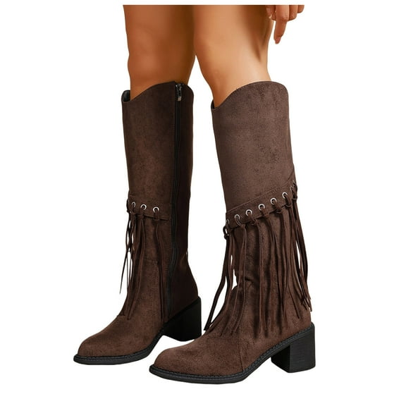 Women's Knee High Boots with Long Fringe Tassel Fashion Suede Pointed Toe Chunky Mid Heel Wide Calf Long Tall Dress Boots Brown Size 6.5