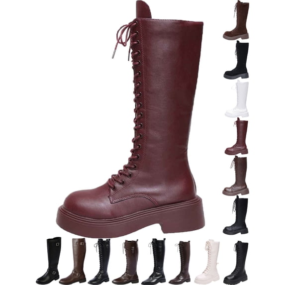 Women's Knee High Boots with Side Zipper Low Chunky Heel Lace Up Fashion Boots for Women Round Toe Comfortable Solid Color Leather Boots
