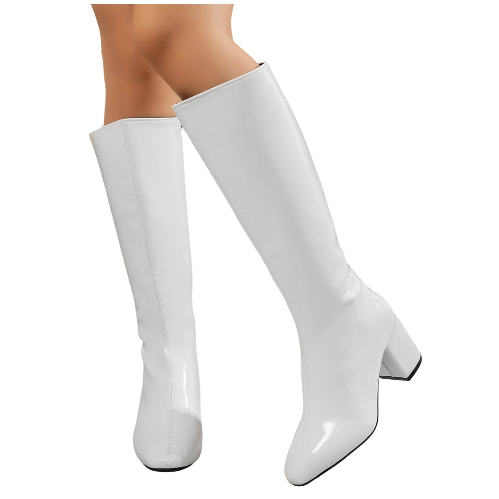 Women's Knee High Chunky Mid Heel Round Toe Boots PU Leather Side
