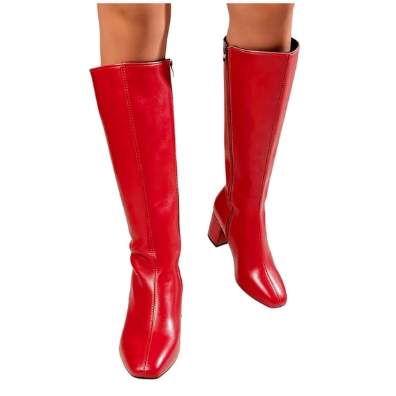 Women's Knee High Chunky Mid Heel Round Toe Boots PU Leather Side Zip Shoes Women's Solid Color Fall Winter Boots