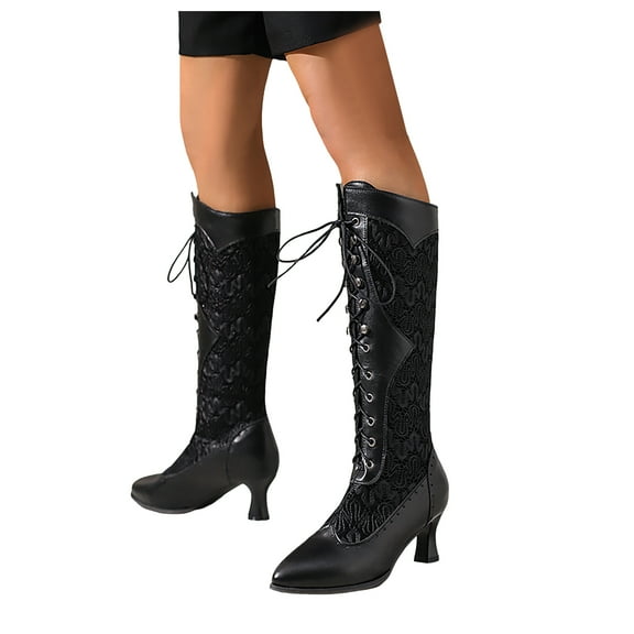 Women's Knee High Combat Boots Vintage Leather Lace Pactchwork Pointed Toe Kitten Heels Lace up Cocktail Party Dess up Gothic Riding Boots Black