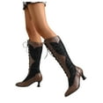 thumbnail image 1 of Women's Knee High Combat Boots Vintage Leather Lace Pactchwork Pointed Toe Kitten Heels Lace up Cocktail Party Dess up Gothic Riding Boots Brown, 1 of 8