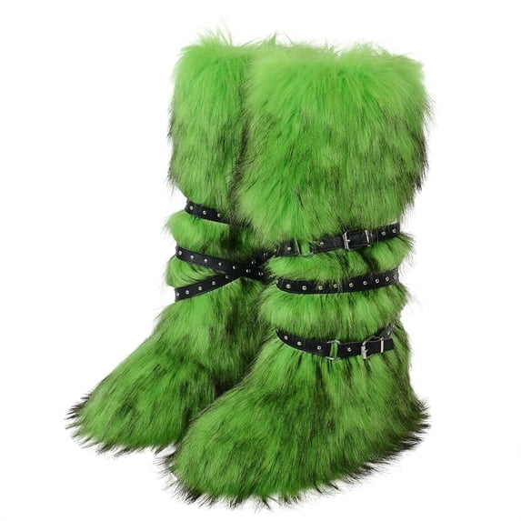 Women's Knee High Faux Fur Boots With Belt Buckle Flat Heel Warm Comfort Winter Boots