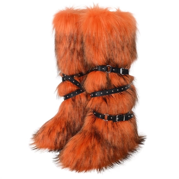 Women's Knee High Faux Fur Boots With Belt Buckle Flat Heel Warm Comfort Winter Boots