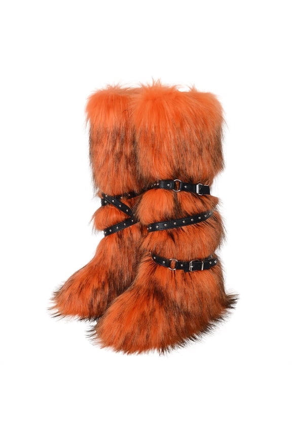 Women's Knee High Faux Fur Boots With Belt Buckle Flat Heel Warm Comfort Winter Boots